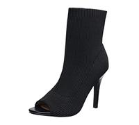 French Connection Women's Meghan Peep Toe Booties Comfortable Work Fall Winter Pull On Fashion Shoes Heeled Boots for Women with Soft Knit Upper, Black, 4.5 UK