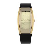 French Connection Women's Quartz Watch with Gold Dial Analogue Display and Black Leather Strap FC1130G