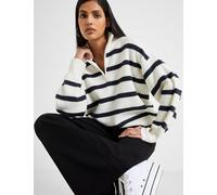 French Connection Women's Striped Roll Neck Half Zip Jumper with Wool - XS - White Mix, Black Mix,White Mix