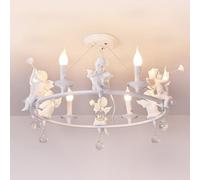 French Country Antique White Farmhouse Dining Chandelier Angel Decor Crystal Round Large Hanging Pendant Light Fixture for Bedroom Kitchen Island Living Room