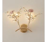 French Country Ceramics Wall Sconce 2-lights Modern Pink Flower Crystal Wall Light Fixture Mid Century Bedroom Wall Mounted Lighting Indoor Hallway Wall Lamp For Living Room Bedside Aisle