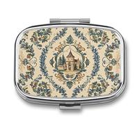 French Country Style Pill Box Travel Pill Organizer 2 Compartment Weekly Pill Case with Mirror A Day Medicine Container Medicine Organizer for Purse, Pocket, Or Wallet