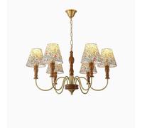 French Country Vintage Floral Fabric Shade Farmhouse Wood Chandelier Sputnik Ceiling Pendant Light Large Antique Gold Hanging Lamp for Bedroom Kitchen Island Dining Room