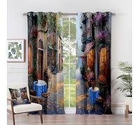 French Curtains - European Street Curtains - Vintage Cafe Mediterranean Blackout Curtains 46 x 90 Inch (Width x Drop) 2 Panels, Romantic Scenic Eyelet Curtains & Drapes