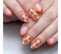 French Design Artificial Nails Autumn Pumpkin Floral Pattern 24Pcs Easy Application Autumn Pumpkin Fake Nail