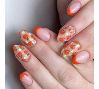 French Design Artificial Nails Autumn Pumpkin Floral Pattern 24Pcs Easy Application Hypoallergenics Fall Press On Nail