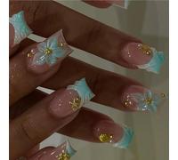 French Detail Manicure Tips with 3D Flower Accent, Mid-Length Square Wearable Manicure Set in Nude for Party and Wedding Dressing