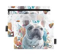 French Dog Coral 3D Document Organizer Binder with Clear Window Large Pencil case Clear Window & Grommets Pencil case 3 Ringing for Storing School Students Teacher Supplies Multicolored 2 PCS