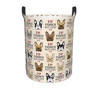 French Dog Printing Comfy Circular Standable Laundry Hamper With Handles,Perfect For Bedroom,Storage,Home Decor