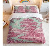 French Duvet Cover Set in Blue Beige, Countryside Style Bedding, Charming Cottage & Lush Trees, 3-Piece Set for Bedroom Decor (03,Single + 50 x 75cm x2)
