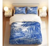 French Duvet Cover Set in Blue Beige, Countryside Style Bedding, Charming Cottage & Lush Trees, 3-Piece Set for Bedroom Decor (05,Single + 80 x 80cm x2)