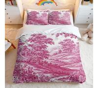 French Duvet Cover Set in Blue Beige, Countryside Style Bedding, Charming Cottage & Lush Trees, 3-Piece Set for Bedroom Decor (04,Double + 80 x 80cm x2)