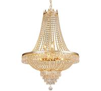 French Empire Crystal Chandelier Lighting 9 E12 Bulbs with Adjustable Hanging Light Modern Crystal Pendant Flush Mount Ceiling Light Fixture for Dining Living Room Foyer W 24'' x H 30'', Gold