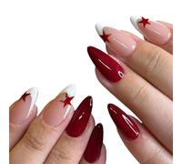 French Fake Nails Red Five-pointed Star False Nails Full Cover Press On Nail Tips Nail Art Almond Artificial Nail Patches Detachable Manicure Autumn Winter Luxury