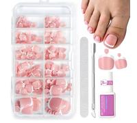 French Fake Toe Nails Set - 120PCS Short Square False Toenails Kit With Glue - White French Tip Pink Stick On Toenails - Glossy Full Cover Acrylic False Toe Nails For Women Nail Art DIY Gift