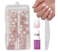 French False Nails - 120pcs Short Square Press on Nails - Natural Gradient Pink Fake Nails with Glue - 12sizes,Glossy,Full Cover Elegant Design Acrylic Nail for Women Girls