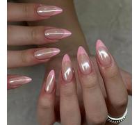 French False Nails - 24Pcs Almond False Nails Medium - Elegant Pink Edge Aurora French Tip Press on Nails - Fake Nails with Glue - Full Cover Acrylic Oval Stick on Nails Reusable for Women and Girls