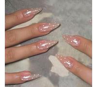 French False Nails Almond, 24Pcs Chrome White Wave Point Nude French Press on Nail, Fake Nails Tips with Nail Glue, Ombre Stick on Fingernails for Women Girls Nails Art Manicure