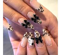 French False Nails Medium - 24Pcs Cute Hello Cat Press on Nails - Almond Leopard French Fake Nails - Full Cover Stick on Nail Removable Glue-on Nail for Women Girls Nail Art DIY