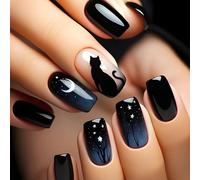 French False Nails Short - 24pcs Black Square Press on Nails - French Tip Stick on nails with Cute Cat, Moon and Star - Gradual Change Fake Nails with Glue - Full Cover nail Tips for Women Girls