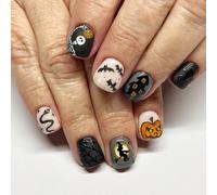 French False Nails Short - 24Pcs Press on Nails with Pumpkin Cobweb Spirit Pattern - Black Cute Fake Nails Short with Nail Glue - Stick on Nails for Women for Halloween Party and Thanksgiving Day
