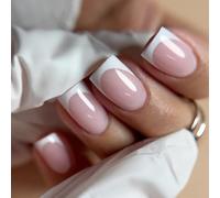 French False Nails Short - 24PCS White Pink French Tip Press On Nails In 15 Sizes - Glossy Reusable Square Fake Nails With Glue - Full Cover Stick On Nails For Women And Girls Daily DIY Nail Art