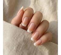 French False Nails Short Square with Glossy Nude Pink to White Gradient Tips - 24Pcs Premium Manicure Set for Women Featuring Almond Shape Designs, Clear Base Coat and Top Stick On Nail Art Essentials