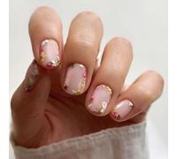 French False Nails With Floral Design, SXVME Acrylic Press on Nails Short Square Little Flowers Full Cover Spring Nude Fake Nails Press on, Natural Glue on Nails for Women in 24 Pcs