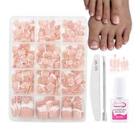 French False Toenails - 240 Pcs Suqare Press On Toes Nails - White French Tip Nude Pink Fake Toe Nails Kit - Glossy Acrylic FrenchToes Nails - Full Cover Stick On Toenails For Women Girls