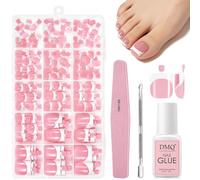 French False Toenails Set - 150PCS Short Square Fake Toe Nails Kit With Glue - White French Tip Pink Full Cover Press on Toenails - Acrylic Stick on Toenails for Women Nail Art DIY Gift - 15 Sizes