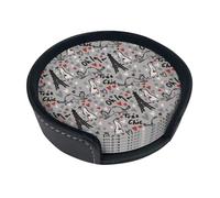 French Fashion Model Ferrets Printed Round Coasters Set of 6 Pack, PU Leather Heat-Resistant Coaster Set with Holder for Farmhouse, Home, Office & Coffee Bar Decor