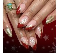 French Festive Press On Nails With White Golds Snowflake Design Easy Apply Fake Nails For Holiday Parties Artificial Nail Gold