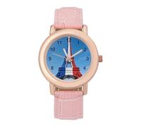 French Flag and E-iffel Tower Women's Leather Watch Easy Reader Minimalist Wristwatch Pink Rose Gold Strap Watches