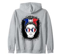 French Flag Messy Bun Hair Sunglasses Woman Zip Hoodie