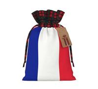 French Flag Print Burlap xmas Gift Bag With Drawstring, Polyester Plaid Pouch For Gift Birthday Present-M Size