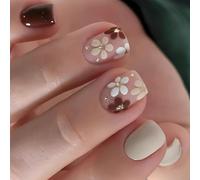 French Floral Press On Nails Short Square Translucent Design with Golden Rhinestones - Reusable Eco-Friendly ABS Material Quick Easy Application Full Nail Art Accessory Kit for Women
