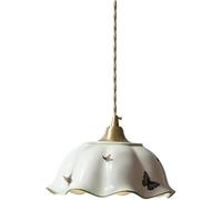 French Flower Shape Glass Pendant Light Fixture White Pleated Ceramic Nordic Brass Chandelier Vintage Modern Ceiling Hanging Lamp for Dining Room Kitchen Island Farmhouse