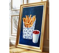 French Fries, Blue Canvas Wall Art, Kitchen Decor, Fast Food, Still Life Painting, Vintage Snack Bar Cart Art Dorm Room 70x100cm Frameless