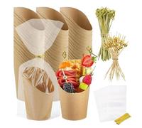 French Fries Holder | Individual Charcuterie Cups with Sticks & Bags | Appetizer Cups for Events | Snack Cups with Picks | Brown Paper Dessert Cups for Parties, 9.84x12.2x2.76 inches