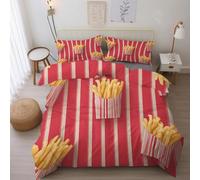 French Fries Single Duvet Cover Set, Red and White Stripe Bedding Set, Microfiber Soft Reversible Quilt Cover 135x200 + 1 Pillowcase, Zipper Closure, Bedroom Decor BhT4