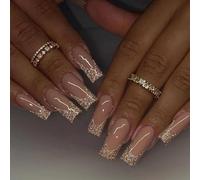 French Glitter Gold Edge Press-On Nails 24PCS, Nude Long Coffin Fake Nails with Accessory Tools, 24 Sizes Stick-On Art Kit for Women & Girls, Good DIY Manicure Solution