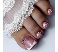 French Glitter Press on Toenails Short Square Fake Nails with Rhinestones - Purple Glitter White Stripes & Multi-Coloured Flakes for Elegant Touch Parties Wedding Daily Wear