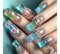 French Glossy Square Fake Nails Blue Clownfish Oceans Theme Press on 24 Pieces Multi Size ABS Materials for Elegant Occasions Blue Oceans Press On