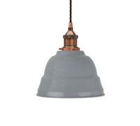 French Grey Lincoln Painted Dome Pendant Light With Antique Copper Lamp Holder And Brown Twisted Cable - Se Home