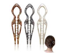 French Hair Pins, 3-Pack Marbled Teardrop Twin-Prong Updo Accessories | Brown and cream, grey and black, pearlescent cream finishes, one-piece open tops, for everyday low buns and occasion chignons