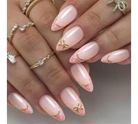French Inspired False Nails with Golden Bows Accents Almond Shaped Art Designs Premium ABS Easy to Apply False Wedding Party