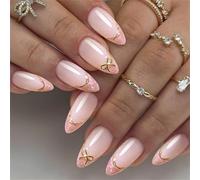 French Inspired False Nails with Golden Bows Accents Almond Shaped Nails Art Designs Premium ABS Easy to Apply Easy Application
