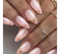 French Inspired False Nails with Golden Bows Accents Almond Shaped Nails Art Designs Premium ABS Easy to Apply French Press on Nail