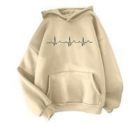 French Jacket Women Women's Heartbeat Pattern Printed Hoodie Sweatshirt White Solid Color Trendy Winter Clothes Casual Styles Fall Fashion Pockets Pullover Comfortable And Warm Pullover (Beige, M)