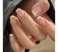 French Kitty Cute False Nails, Extra Short Nail Tips, Square Press On Nails with Mermaid Bubble Beads, Sweet Colour Design, for Women and Girls (24pcs)